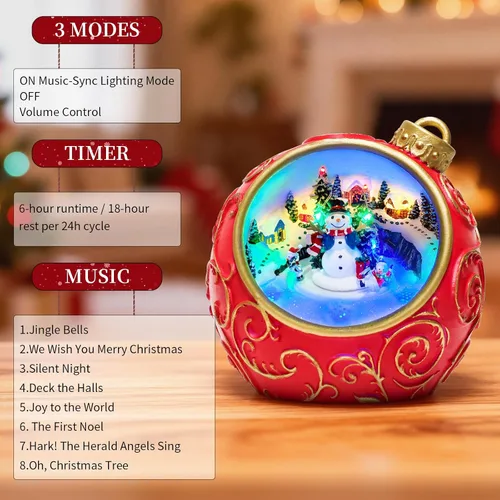 Vista 3 de Figuras musicales animadas de pueblo navideño de 6.3 pulgadas con muñeco de nieve giratorio de esquí y luces, temporizador automático de 6 horas
