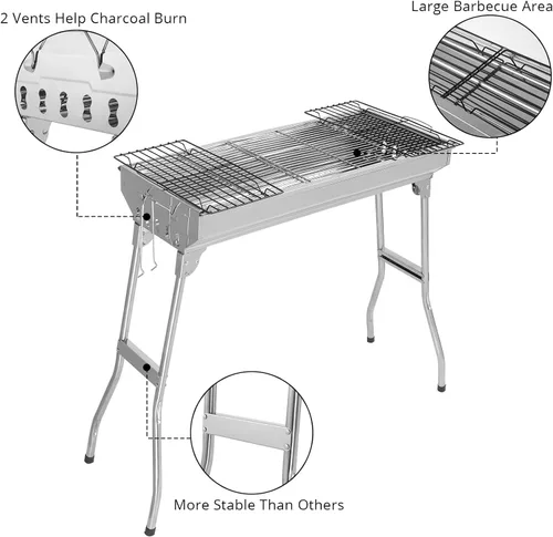 Vista 3 de Outvita Parrilla de carbón portátil, 28 x 13 x 27 pulgadas, parrilla plegable de acero inoxidable y ahumador para cocinar al aire libre, camping