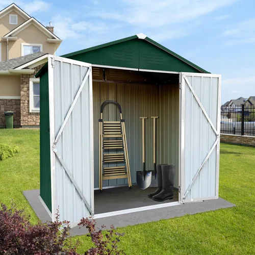 Vista 3 de Cobertizo de almacenamiento de metal para exteriores de 4 x 6 pies con techo ápice, estructura techada impermeable de una sola planta, cobertizo