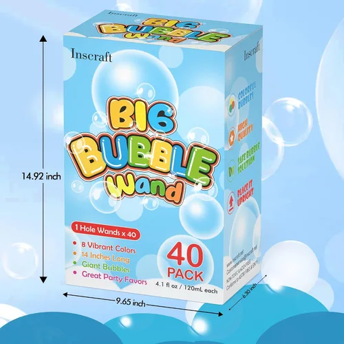 Vista 5 de Inscraft Paquete de 40 varitas de burbujas grandes de 14 pulgadas, 8 burbujas de colores a granel para juguete de verano, uso de actividades al aire