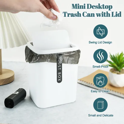 Vista 3 de 2 mini basureros con tapa, mini papelera de plástico con 5 rollos de bolsas de basura, pequeño cubo de basura de escritorio para cocina, baño