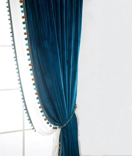 Vista 5 de Gxi Cortinas de terciopelo para sala de estar, cortinas con aislamiento térmico y pompones, cortinas de lujo con bolsillo para barra