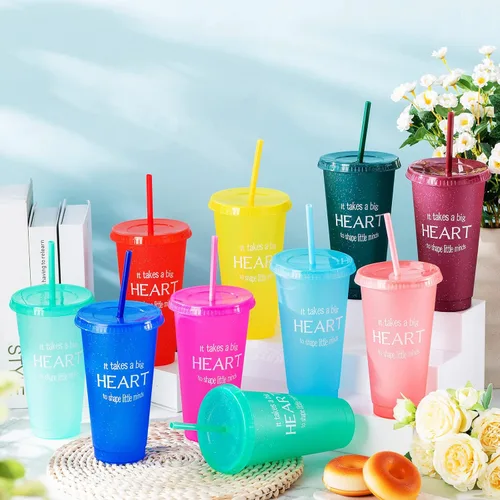 Vista 4 de Gerrii 20 vasos de agradecimiento para maestros de fin de año, con pajitas y tapas, vasos reutilizables con purpurina para café helado, regalo