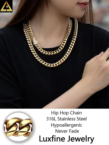 Vista 5 de Cadena de eslabones cubanos Miami de 10/12mm, chapado en oro real de 14 quilates, collar de acero inoxidable de alta calidad, joyería hip-hop