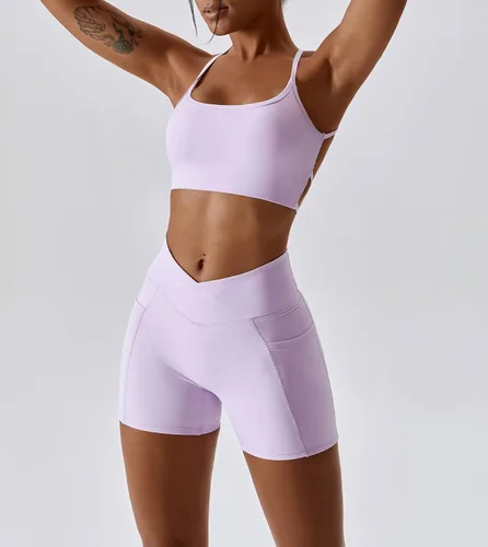 Vista 3 de ABOCIW - Conjuntos de entrenamiento para mujer, brasier deportivo con espalda cruzada, cintura cruzada, pantalones cortos de gimnasio con bolsillos