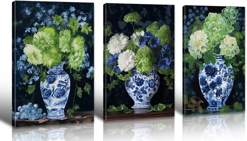 Vista 8 de DJSYLIFE Chinoiserie - Arte de pared – Jarrón de porcelana oriental azul y blanco con acuarela, impresiones florales de hortensias para decoración