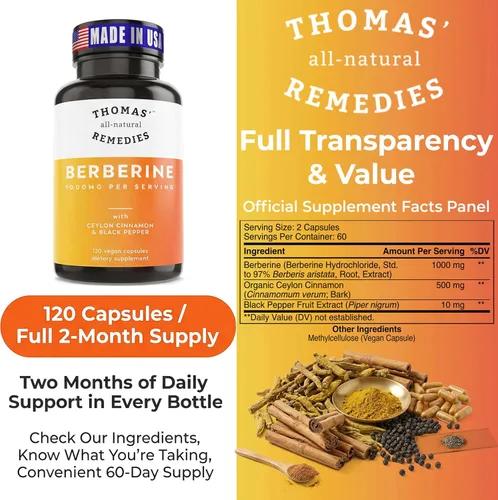 Vista 4 de Thomas' all-natural Remedies Berberine 1000 mg de apoyo metabólico - 120 cápsulas veganas con canela de Ceilán orgánica y pimienta negra Apoya