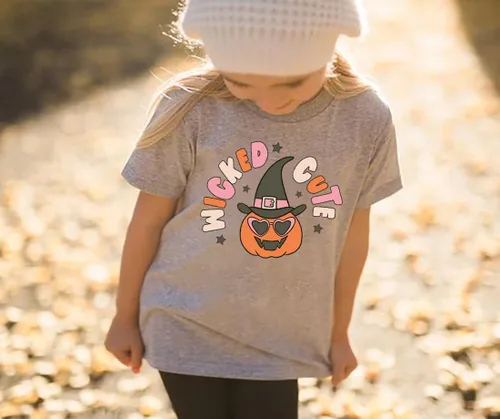 Vista 3 de Wicked - Lindas camisetas retro de Halloween para niños y niñas pequeñas con diseño de cara de calabaza, camiseta de manga corta para otoño