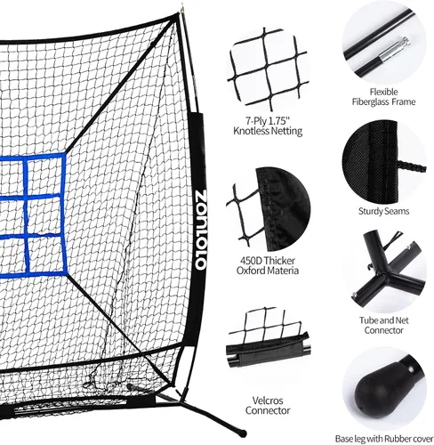 Vista 3 de Zonlolo Red de béisbol de 6 x 6 pies con 3 objetivos diferentes, red de práctica portátil para batear, pegar, lanzar y lanzar, paquete compacto
