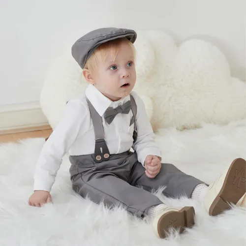 Vista 7 de SALNIER Conjunto de ropa de traje de bebé niño esmoquin trajes de caballero trajes de corbatín camisa tirantes pantalones boina sombrero