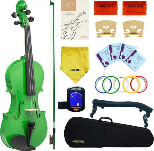 Vista 7 de CRAFTEEM 1/2 Conjunto de violín negro premium hecho a mano para principiantes, adultos y niños con cinta adhesiva para dedos de 5 colores - Violín