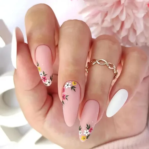 Vista 20 de Uñas postizas ovaladas a presión con puntas francesas, juego de uñas postizas cortas de flores artificiales, uñas postizas acrílicas con diseños