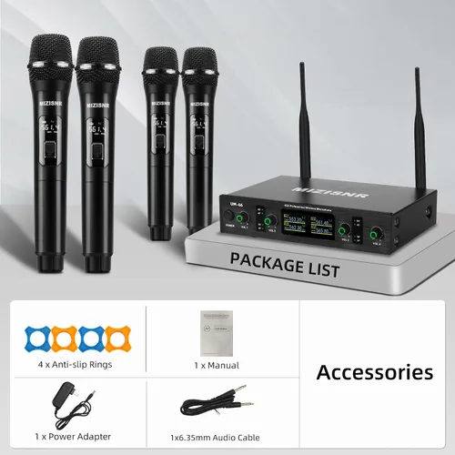 Vista 7 de Sistemas de micrófono inalámbrico UHF, juego de micrófono dinámico inalámbrico de 4 canales, conexión automática de transmisión de rango de 300 pies