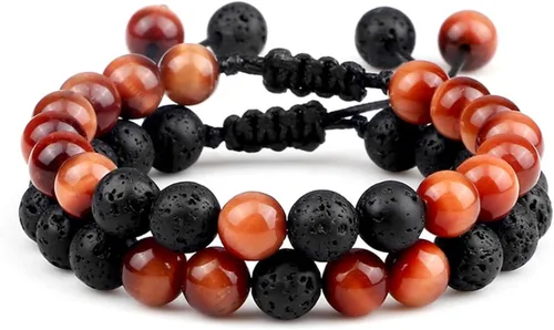Vista 8 de Pulseras de cuentas de muñeca para hombres, hombres y mujeres, pulsera de roca de lava de ojo de tigre de 0.315in, regalos relajantes para hombres