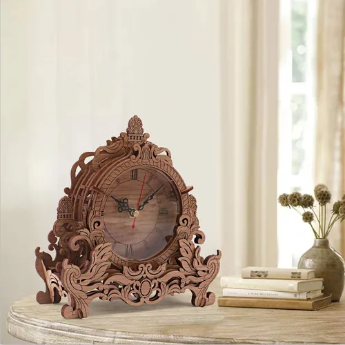 Vista 5 de OWNONE 1 Kit de modelo de reloj de madera 3D para adultos, reloj de escritorio de bricolaje, rompecabezas 3D de madera oscura, regalos