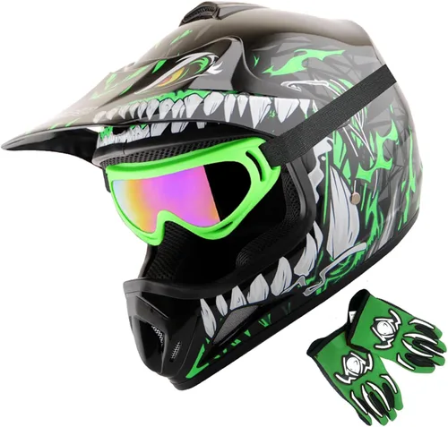 Vista 14 de WOW Casco de motocross BMX MX ATV para niños y jóvenes, casco Dianosour Dragon + gafas + guante marciano juvenil: paquete HJOY MG