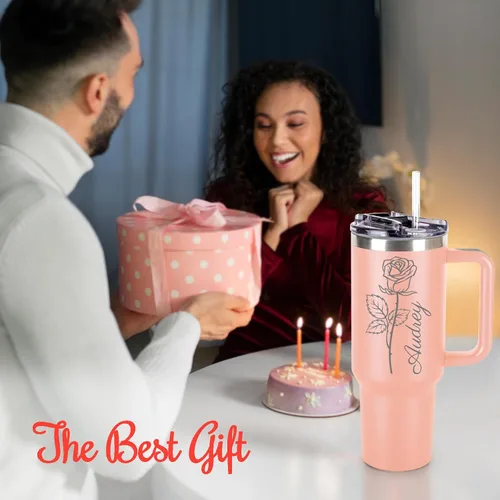 Vista 7 de Vaso personalizado de 40 onzas con asa y tapa con pajilla, botella de agua de acero inoxidable personalizada con nombres y flores de nacimiento