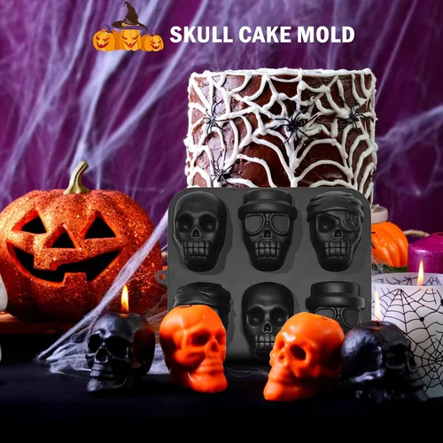 Vista 3 de Molde de silicona para pastel de calavera de Halloween, molde de silicona 3D de calavera pirata de 6 cavidades, adecuado para pan, pastel de mousse