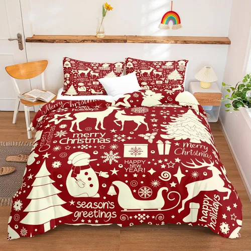 Vista 11 de Juego de ropa de cama de Navidad con funda de edredón de copos de nieve, color blanco y rojo, con estampado navideño, juego de ropa de cama festiva