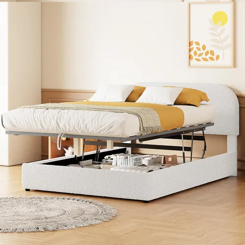 Vista 17 de Moderna cama tapizada de tamaño Queen, forro polar bereber grueso, base de colchón tapizada con cabecera copetuda y soporte de listones de madera