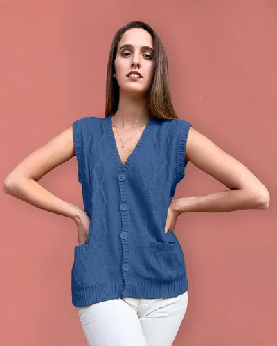 Vista 2 de TINKUY Peru - Chaleco tipo cárdigan de lana de alpaca con cuello en V para mujer, talla S-4XL