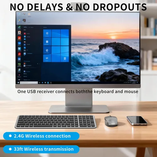 Vista 2 de Teclado y mouse inalámbricos, teclado compacto ultrafino de tamaño completo con teclado numérico, botón de calculadora, receptor USB, DPI ajustable