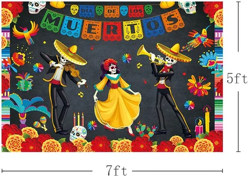 Vista 3 de MEHOFOND Telón de fondo del Día de los Muertos de 7 x 5 pies, fiesta mexicana, calavera de azúcar, flores, fondo de fotografía, vinilo Dia De Los
