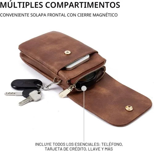 Vista 4 de Bolso bandolera pequeño de piel vegana BOSTANTEN para mujer, con diseño de cartera para celular, con correa ajustable A-01-retro Marrón