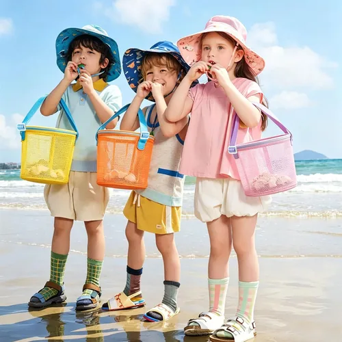 Vista 7 de 4 bolsas plegables de almacenamiento de juguetes, bolsas de conchas marinas de gran capacidad para la playa, bolsa de almacenamiento portátil