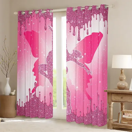 Vista 2 de Cortina de gimnasia para ventana, cortinas de lentejuelas rosas con purpurina y mariposa de diamante, para niños, niñas y mujeres, para decoración