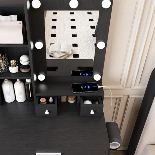 Vista 5 de Runboll Escritorio pequeño con espejo y luces, juego de mesa de tocador de maquillaje con toma de corriente, almacenamiento de cajones, taburete