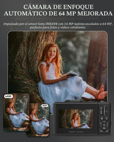 Vista 3 de Cámara digital 4K para principiantes y adolescentes, cámara de enfoque automático para vlogging con pantalla abatible de 180°, zoom 18X, cámara