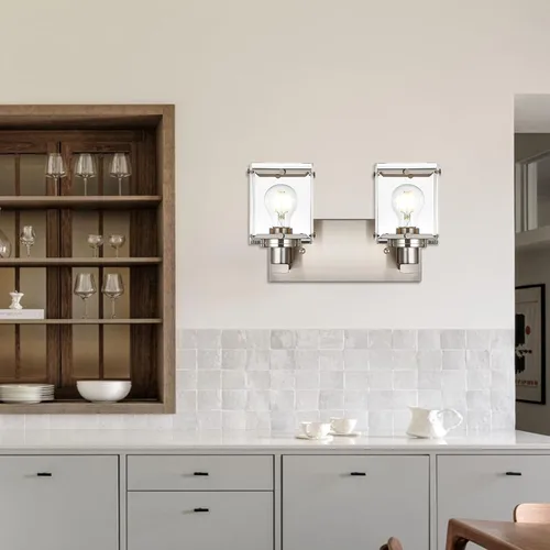 Vista 6 de Iluminación de aplique de pared de 2 luces con base de bombilla E26, lámpara de tocador de baño moderna de níquel cepillado para sobre espejo