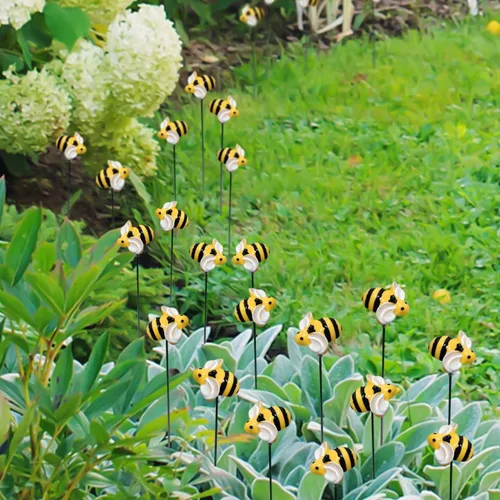 Vista 7 de 10 piezas de estacas de jardín de abejas decoración de metal para patio delantero, palillos florales para primavera y verano, resina, abejorros