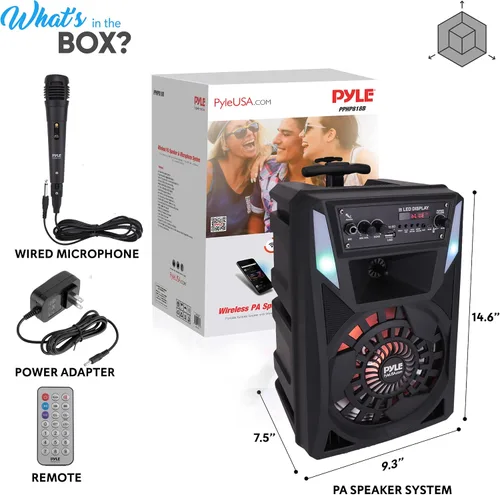 Vista 7 de Pyle Altavoz PA Bluetooth portátil – Sistema de audio de karaoke BT recargable de 300 W 8 pulgadas para exteriores – Luces de fiesta multicolor