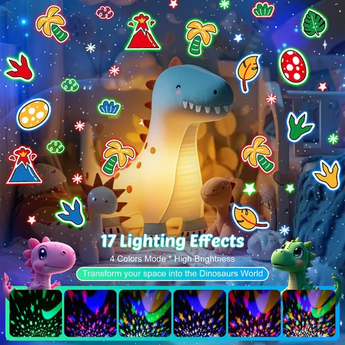 Vista 3 de Proyector de luz nocturna de dinosaurio para niños, juguetes verdes de dinosaurio para niños, luces de estrella con música y temporizador, lámpara