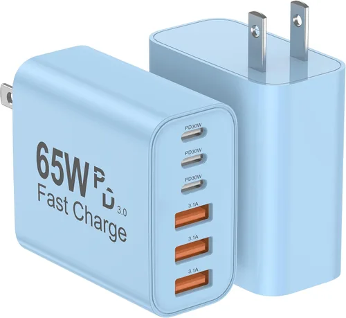 Vista 12 de Bloque de Cargador USB C, Paquete de 2 Cargadores de Pared USB C de 65W con 6 Puertos, Cargador de Pared para iPhone, Adaptador de Corriente PD+QC