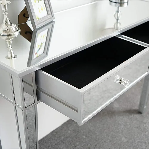 Vista 6 de Henf Mesa de maquillaje con espejo, mesa de tocador con acabado plateado, mesa de consola de 2 cajones para entrada, dormitorio, sala de estar