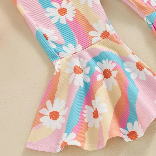 Vista 5 de ZyHwShine Conjunto de tirantes acampanados para niñas, con volantes, botones, ombliguera, pantalones de campana, pantalones de verano para niños