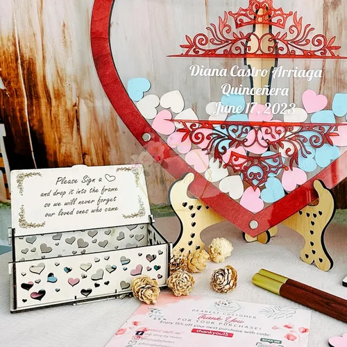 Vista 2 de Libro de invitados personalizado con 16 corazones de madera alternativo, libro de invitados de quinceañera con corazón libro de invitados Dropbox