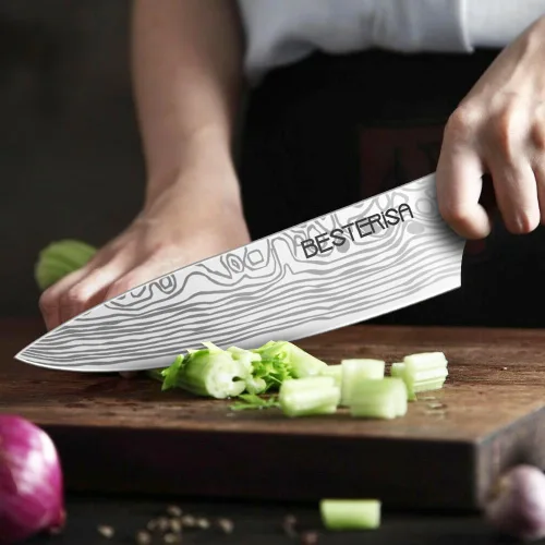 Vista 5 de Cuchillo de chef profesional de 8 pulgadas, acero inoxidable alemán, ultra afilado, para carne vegetal, con protector de cuchillo