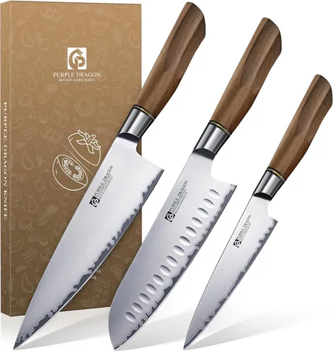 Vista 13 de Juego de 4 cuchillos de carne serrados de Purple Dragon de acero alemán de alto carbono con mango cuadrado de madera - Corte sin esfuerzo - Regalo
