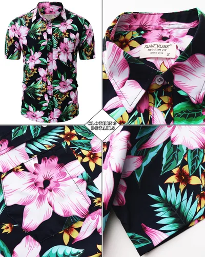 Vista 43 de TUNEVUSE Conjunto de camisas y pantalones cortos hawaianos para hombre, 2 piezas, trajes de playa con estampado de flores, traje tropical de verano