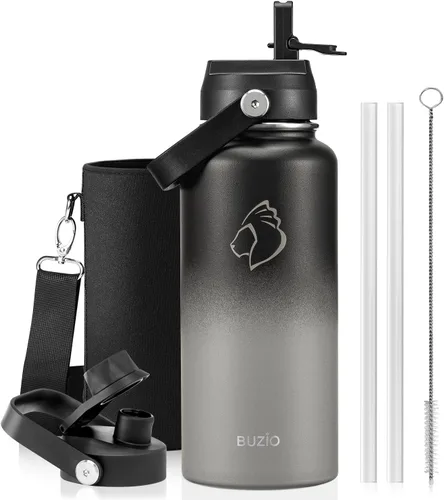 Vista 86 de BUZIO Botella de agua aislada de 24 oz, frasco de agua de boca ancha de acero inoxidable con tapa de pajita, frío durante 48 horas a prueba de Negro