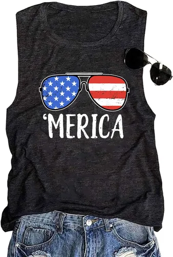 Vista 4 de Camisetas sin mangas con diseño de bandera estadounidense para mujer, camisetas casuales sin mangas para el 4 de julio