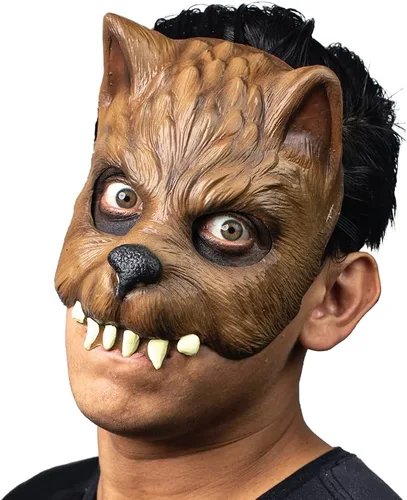 Vista 5 de Ghoulish Productions Máscara de hombre lobo. Máscara de lobo marrón. Máscara de lobo de media cara. Línea de máscaras JR. Máscara de látex