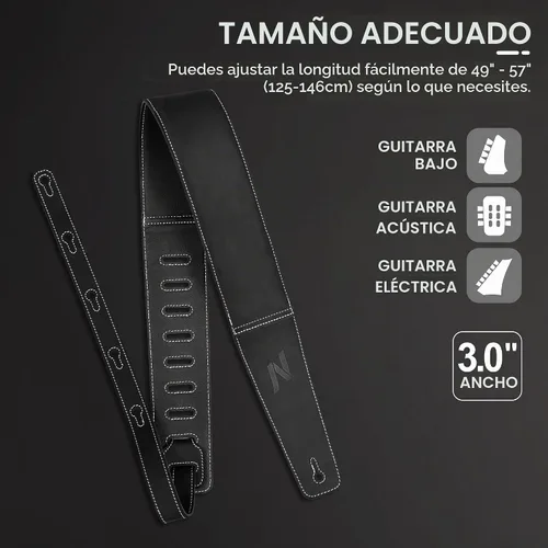 Vista 7 de Nefelibata Correa de guitarra de 3" en cuero de primera capa para bajo, guitarras eléctricas y acústicas, negro (Aged Black)