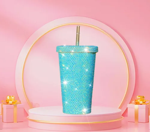 Vista 9 de Tazas de café helado con purpurina de diamante, taza de agua azul brillante con tapa y popote para agua para mujer y niña, 2