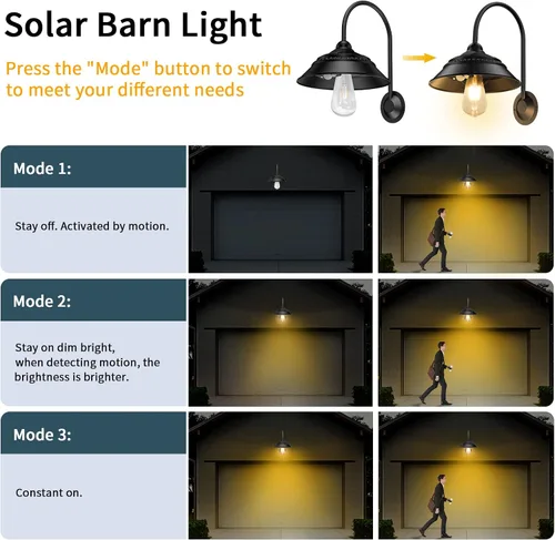 Vista 4 de Luz solar para granero, luz solar de pared para exteriores con 3 modos de iluminación y sensor de movimiento, luz impermeable estilo granja