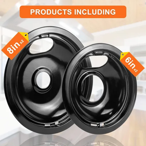 Vista 6 de Cubiertas para quemadores de estufa W10288051 - 2 paquetes de 6 pulgadas W10290353 de porcelana negra y 8 pulgadas W10290350 cubiertas superiores